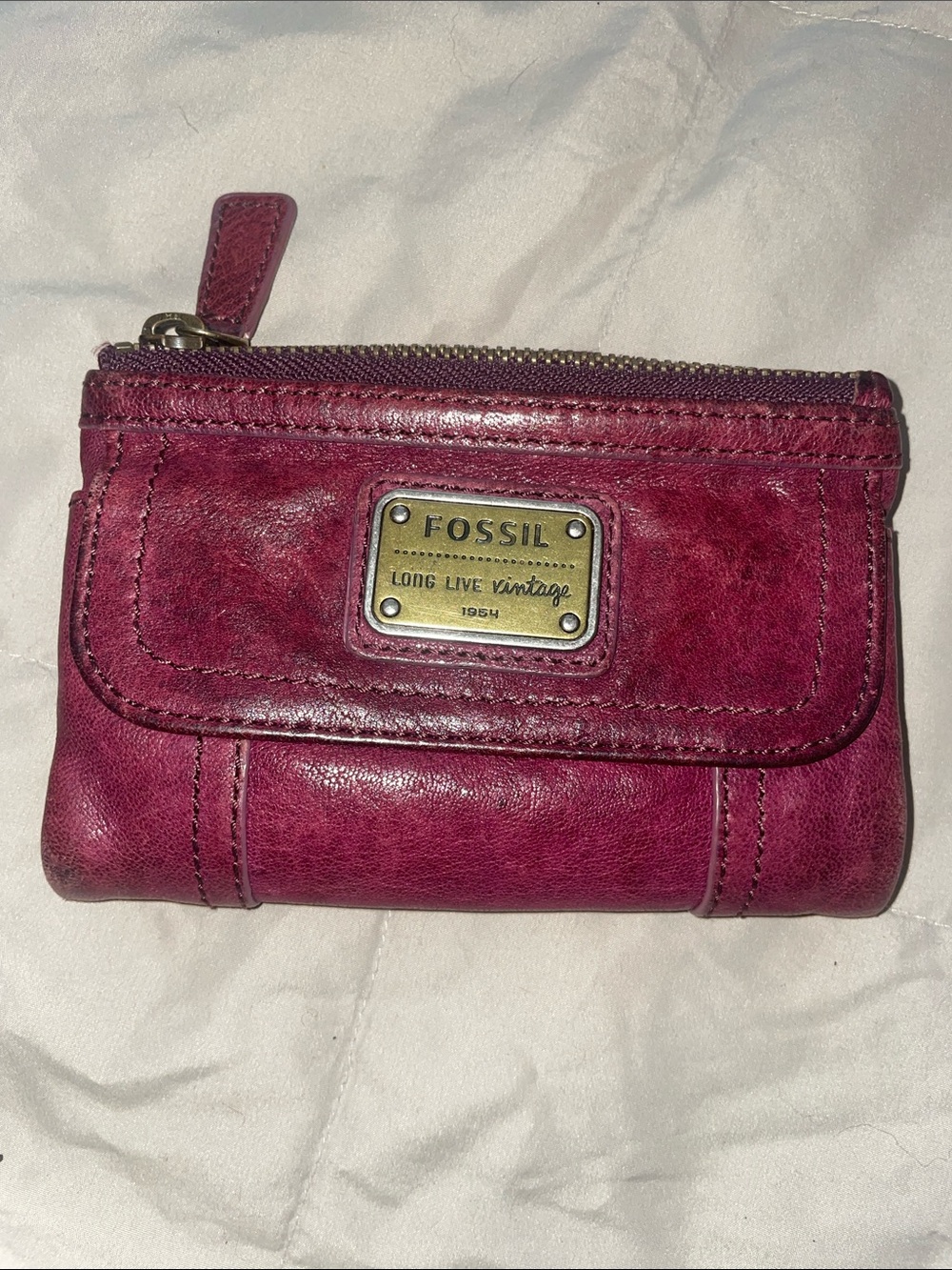 Collectible Fossil Distressed Lamb Hide Leather Wallet in Deep Raspberry